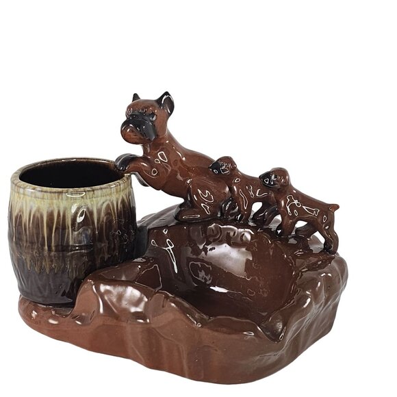 Vintage Ceramic Boxer Dog Family Ashtray Cigarette Holder Catchall Dresser Caddy - Picture 1 of 10